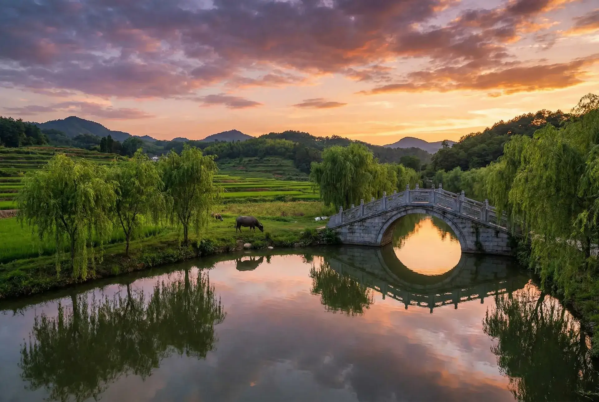 夕阳下的石拱桥与垂柳，水牛在河边吃草 - 爱诱欲韩国完整版 乡村美景